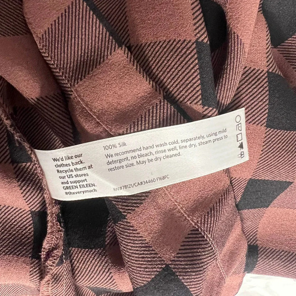 Eileen Fisher Mahogany Buffalo Check Printed Silk Tunic Pink Black Size XS - Picture 10 of 10